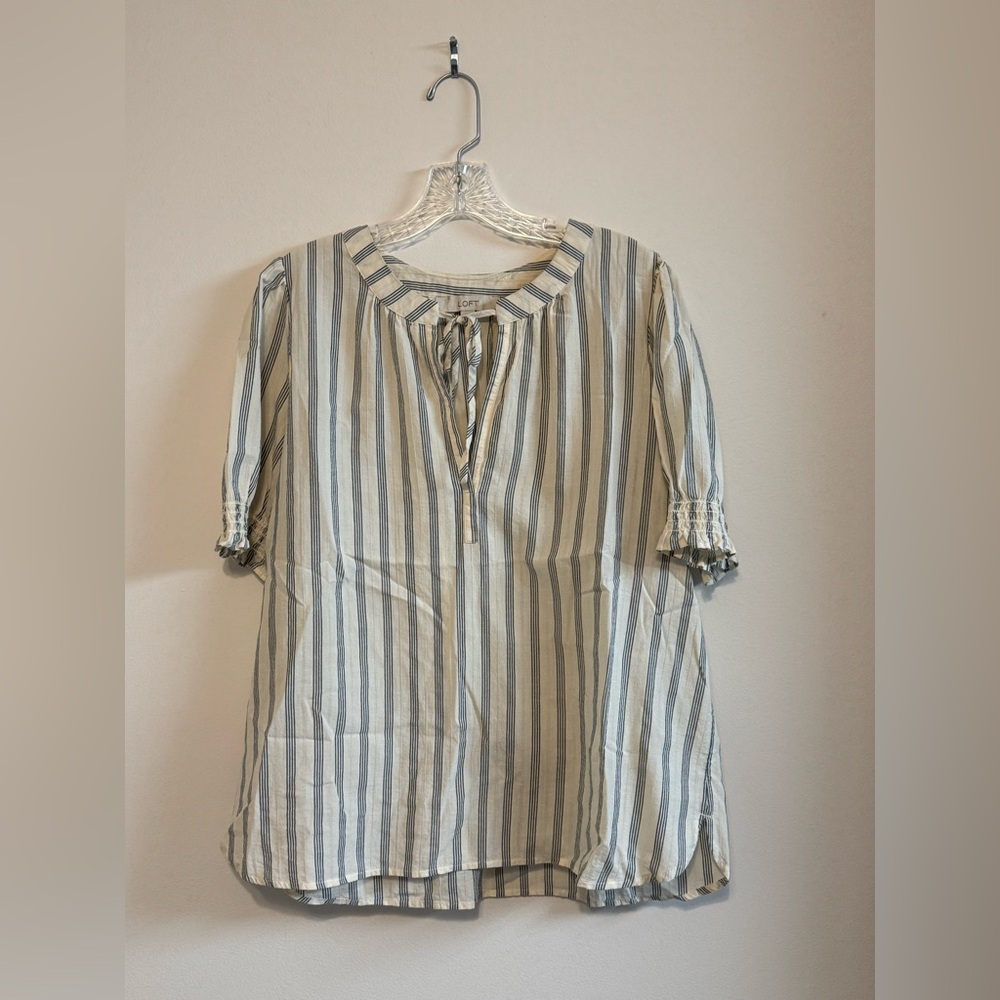 Loft Denim Blue And Cream Striped Short Sleeved Shirt With Tied Collar 
Large